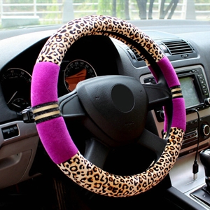 Fluffy Leopard Print Auto Steering Wheel Wrap Velvet 15 Inch 38CM - Purple