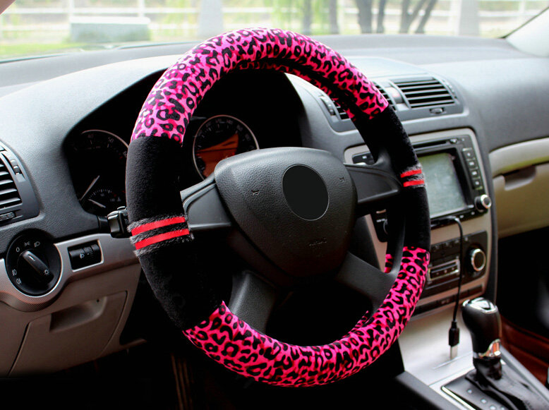 Fluffy Leopard Print Auto Steering Wheel Wrap Velvet 15 Inch 38CM - Rose