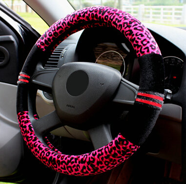 Fluffy Leopard Print Auto Steering Wheel Wrap Velvet 15 Inch 38CM - Rose