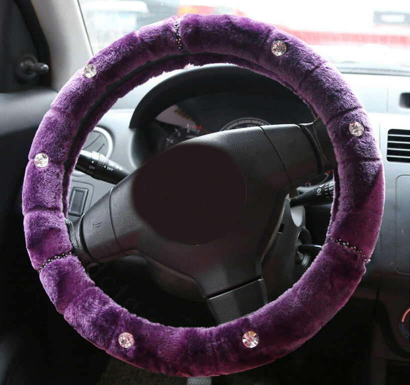 Fluffy Rhinestone Car Steering Wheel Covers Velvet 15 Inch 38CM - Purple