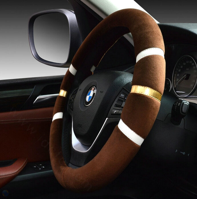 Fringe Auto Steering Wheel Covers Velvet 15 Inch 38CM - Brown