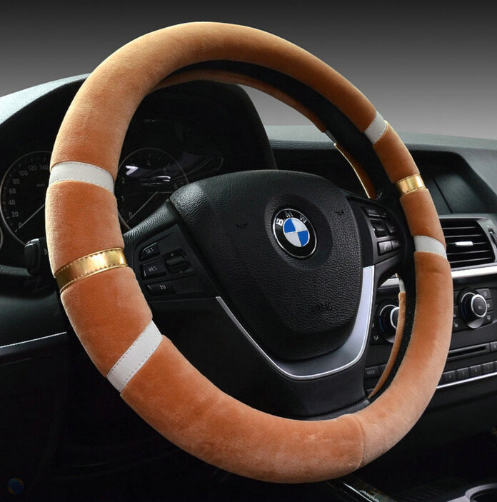 Fringe Auto Steering Wheel Covers Velvet 15 Inch 38CM - Coffee