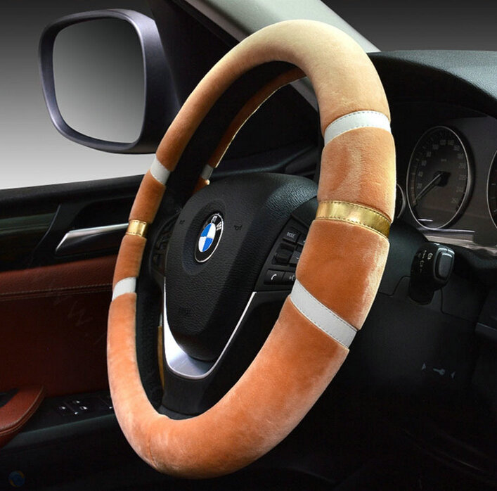 Fringe Auto Steering Wheel Covers Velvet 15 Inch 38CM - Coffee