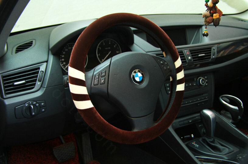 Fringe Auto Steering Wheel Wrap Velvet 15 Inch 38CM - Brown