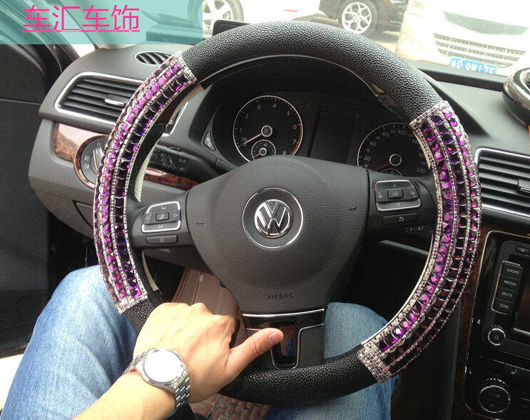 Funky Diamond Car Steering Wheel Cover Genuine Leather 15 Inch 38CM - Black