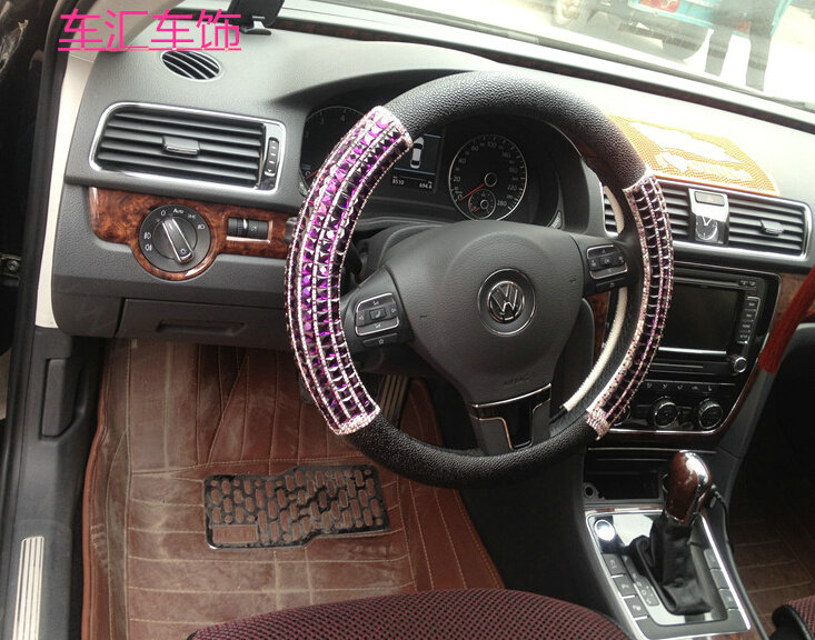 Funky Diamond Car Steering Wheel Cover Genuine Leather 15 Inch 38CM - Black