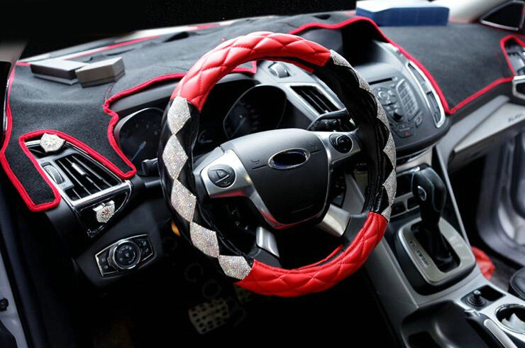 Funky Diamond Car Steering Wheel Cover PU Leather 15 Inch 38CM - Black Red