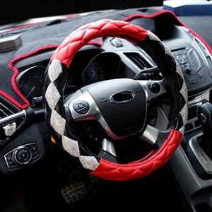 Funky Diamond Car Steering Wheel Cover PU Leather 15 Inch 38CM - Black Red