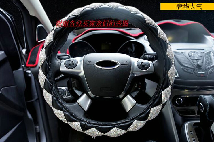 Funky Diamond Car Steering Wheel Cover PU Leather 15 Inch 38CM - Black
