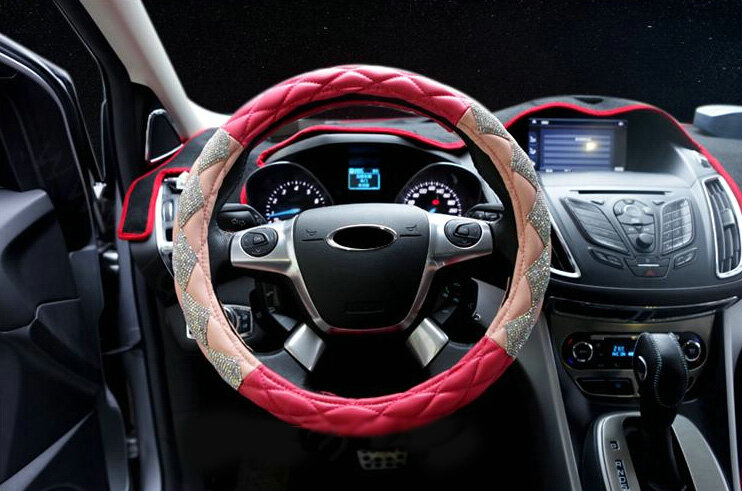 Funky Diamond Car Steering Wheel Cover PU Leather 15 Inch 38CM - Pink