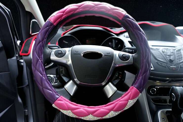 Funky Diamond Car Steering Wheel Cover PU Leather 15 Inch 38CM - Purple