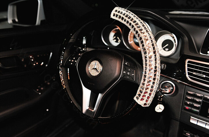 Funky Diamond Car Steering Wheel Covers PU Leather 15 Inch 38CM - Black