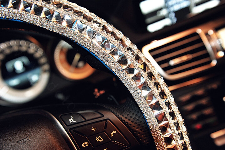 Funky Diamond Car Steering Wheel Covers PU Leather 15 Inch 38CM - Rose