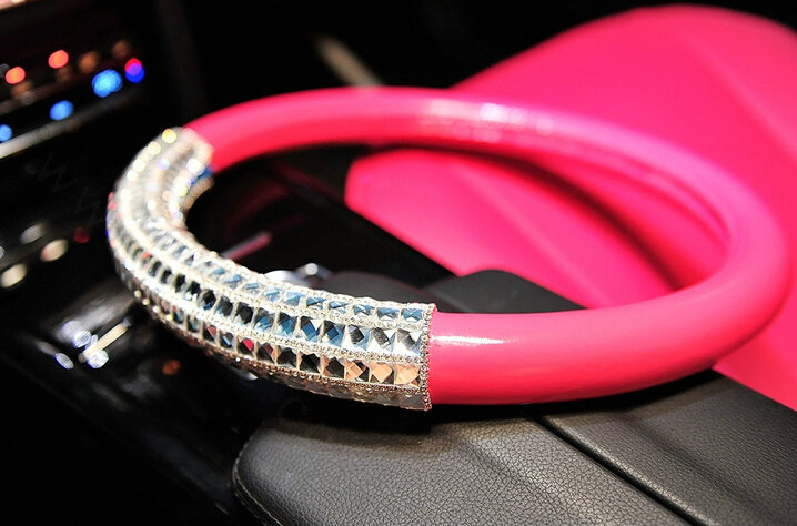 Funky Diamond Car Steering Wheel Covers PU Leather 15 Inch 38CM - Rose