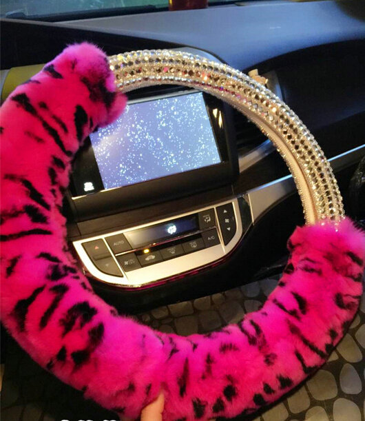 Funky Diamond Car Steering Wheel Covers Rex Rabbit Skin 15 Inch 38CM - Rose