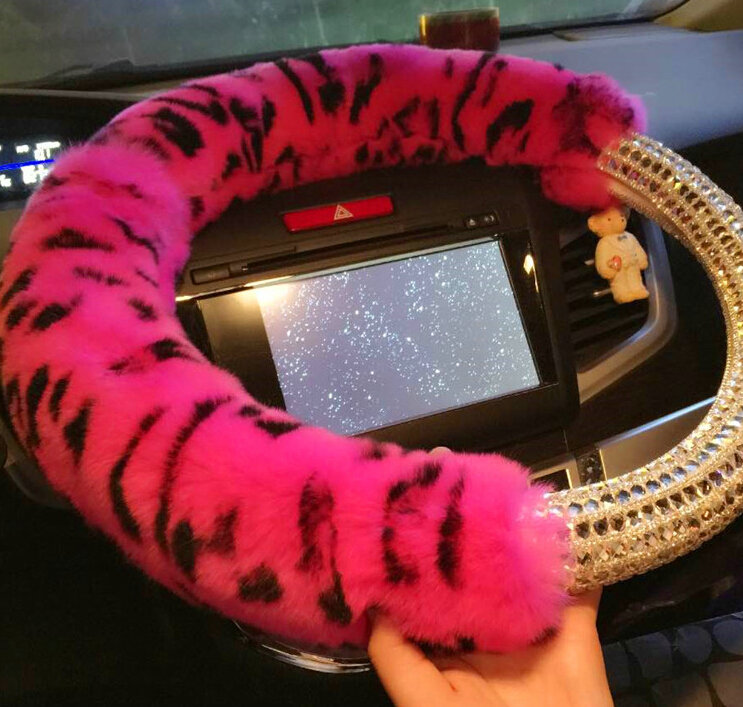 Funky Diamond Car Steering Wheel Covers Rex Rabbit Skin 15 Inch 38CM - Rose