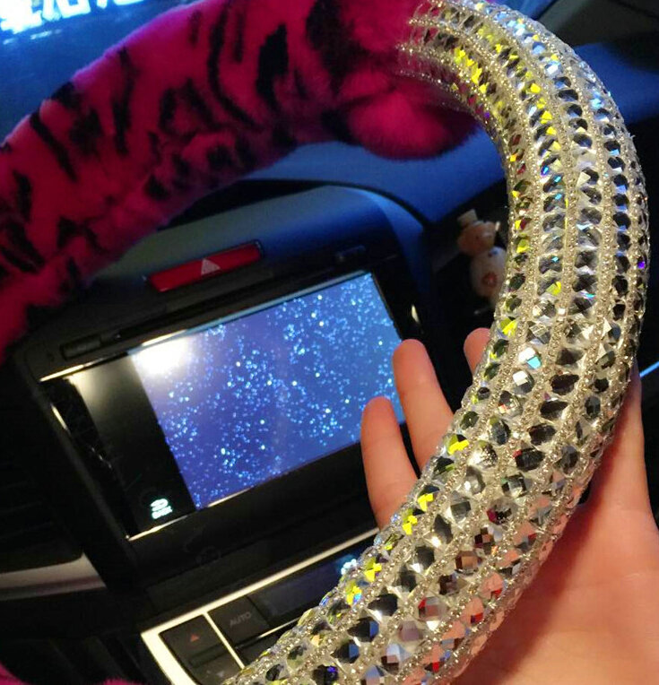 Funky Diamond Car Steering Wheel Covers Rex Rabbit Skin 15 Inch 38CM - Rose