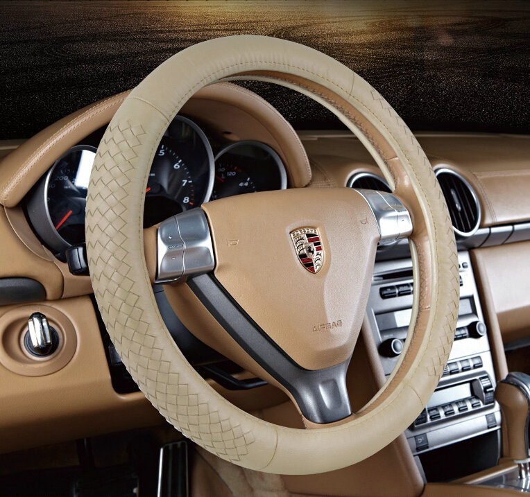 High Quality Car Steering Wheel Covers Genuine Leather 15 Inch 38CM - Beige