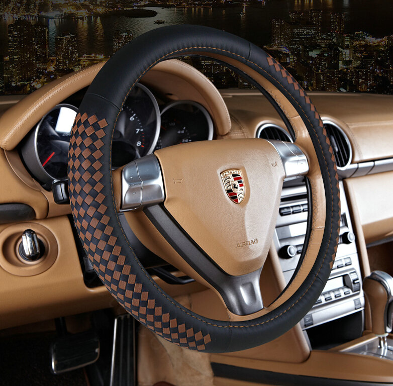 High Quality Car Steering Wheel Covers Genuine Leather 15 Inch 38CM - Black Brown