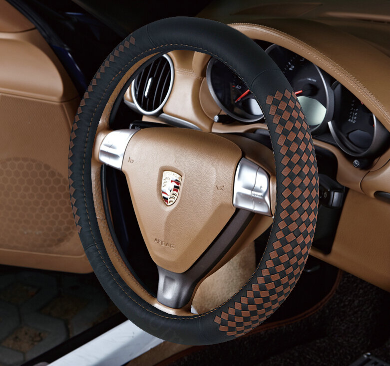 High Quality Car Steering Wheel Covers Genuine Leather 15 Inch 38CM - Black Brown