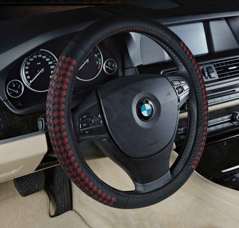High Quality Car Steering Wheel Covers Genuine Leather 15 Inch 38CM - Black Red