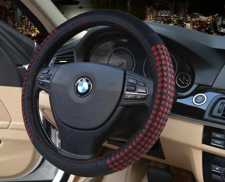 High Quality Car Steering Wheel Covers Genuine Leather 15 Inch 38CM - Black Red