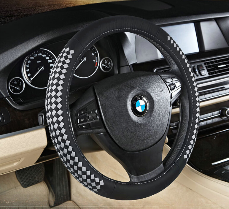 High Quality Car Steering Wheel Covers Genuine Leather 15 Inch 38CM - Black White