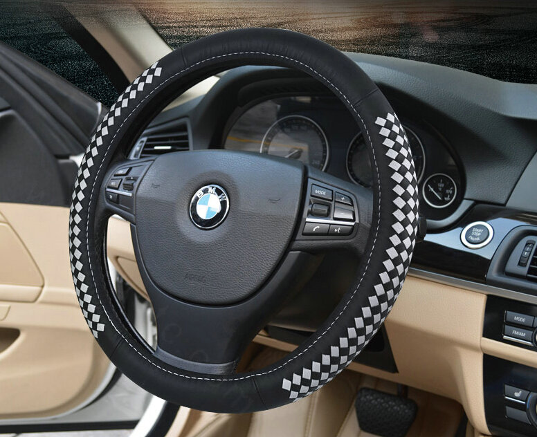 High Quality Car Steering Wheel Covers Genuine Leather 15 Inch 38CM - Black White