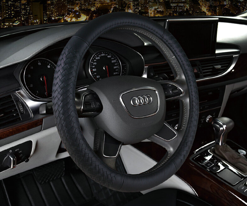 High Quality Car Steering Wheel Covers Genuine Leather 15 Inch 38CM - Black