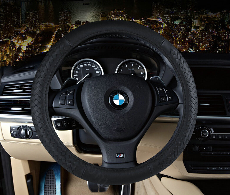 High Quality Car Steering Wheel Covers Genuine Leather 15 Inch 38CM - Black