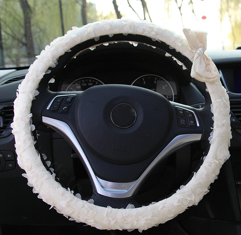 Lace Bowknot Car Steering Wheel Cover Bud Silk Fiber Cloth 15 Inch 38CM - Beige