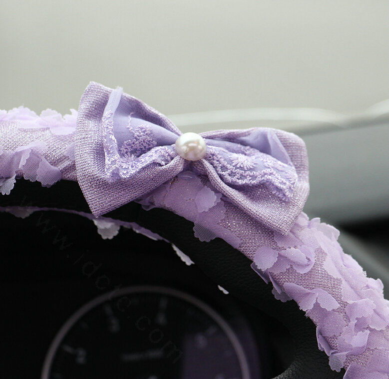 Lace Bowknot Car Steering Wheel Cover Bud Silk Fiber Cloth 15 Inch 38CM - Beige