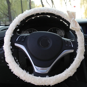 Lace Bowknot Car Steering Wheel Cover Bud Silk Fiber Cloth 15 Inch 38CM - Beige