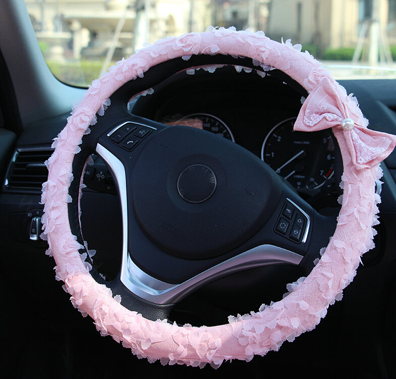 Lace Bowknot Car Steering Wheel Cover Bud Silk Fiber Cloth 15 Inch 38CM - Pink