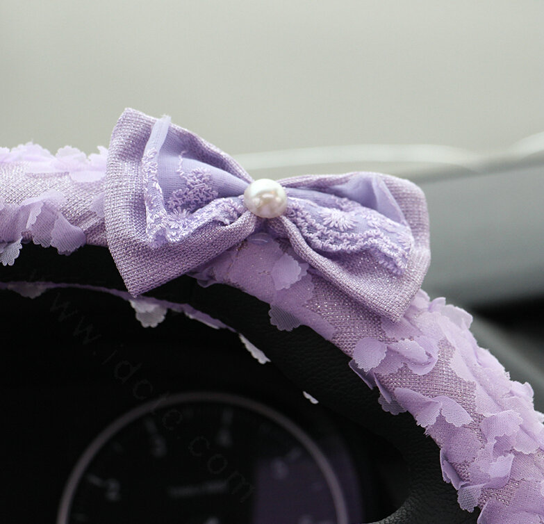 Lace Bowknot Car Steering Wheel Cover Bud Silk Fiber Cloth 15 Inch 38CM - Pink