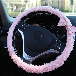 Lace Bowknot Car Steering Wheel Cover Bud Silk Fiber Cloth 15 Inch 38CM - Pink