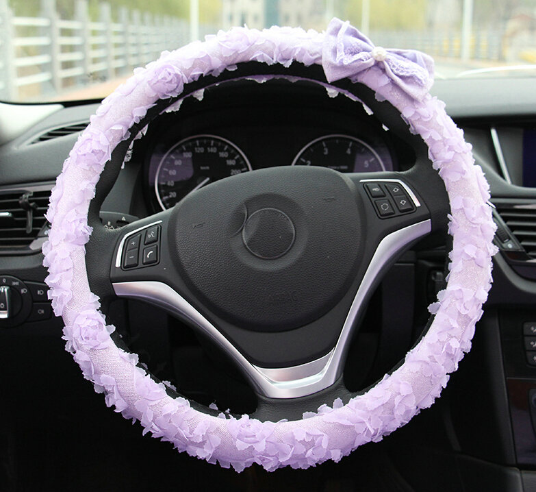 Lace Bowknot Car Steering Wheel Cover Bud Silk Fiber Cloth 15 Inch 38CM - Purple