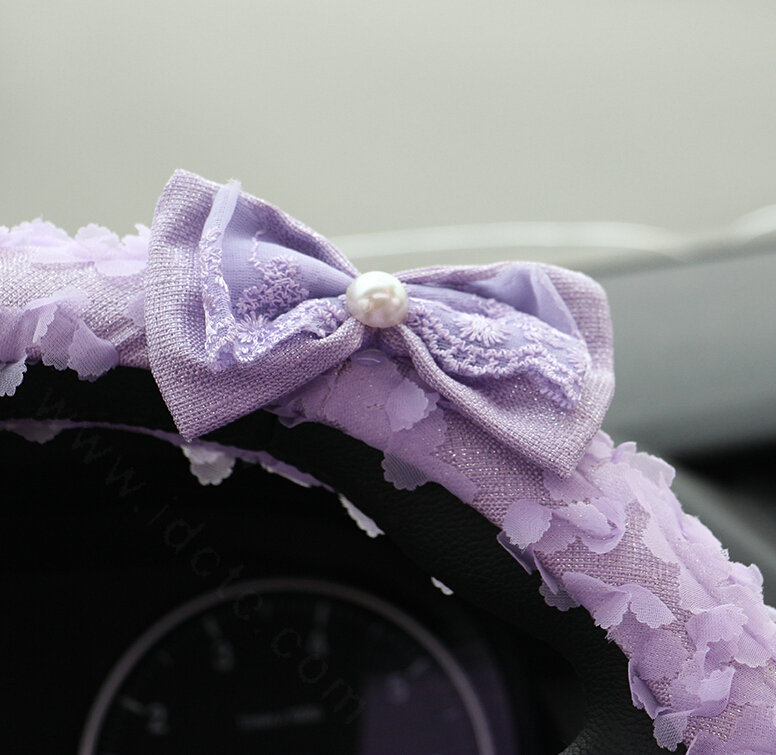 Lace Bowknot Car Steering Wheel Cover Bud Silk Fiber Cloth 15 Inch 38CM - Purple