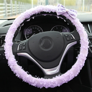 Lace Bowknot Car Steering Wheel Cover Bud Silk Fiber Cloth 15 Inch 38CM - Purple