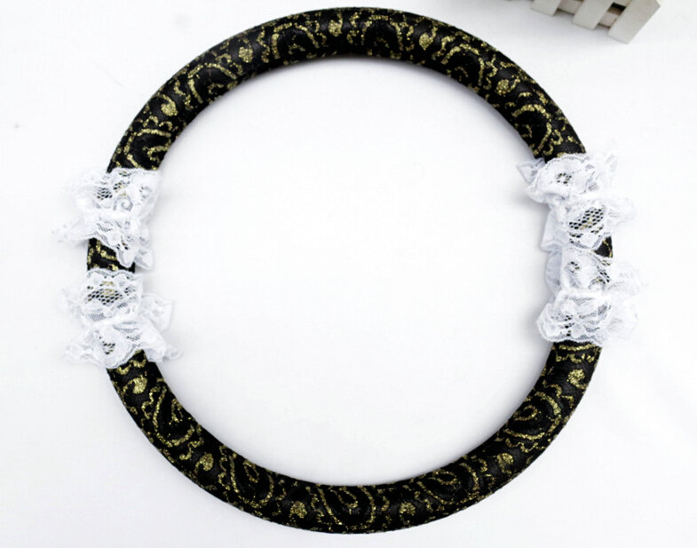 Lace Car Steering Wheel Cover Bud Silk Fiber Cloth 15 Inch 38CM - Black