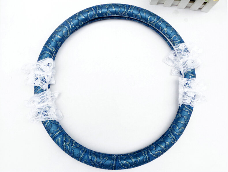 Lace Car Steering Wheel Cover Bud Silk Fiber Cloth 15 Inch 38CM - Blue