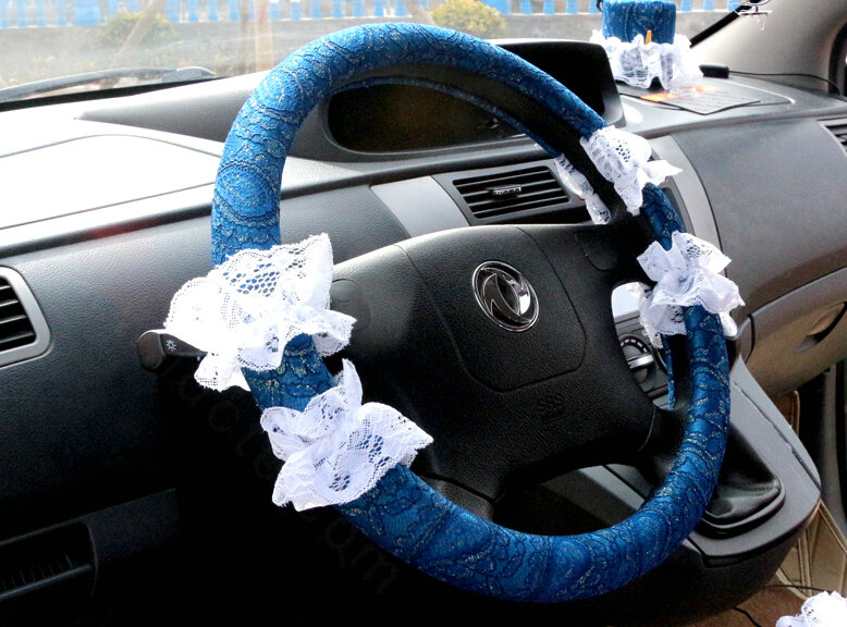 Lace Car Steering Wheel Cover Bud Silk Fiber Cloth 15 Inch 38CM - Blue
