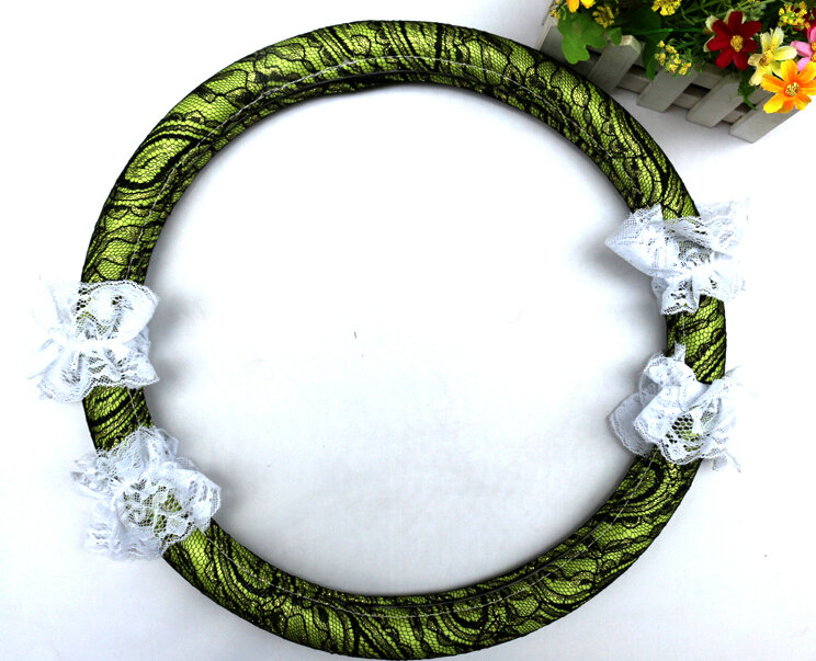 Lace Car Steering Wheel Cover Bud Silk Fiber Cloth 15 Inch 38CM - Green
