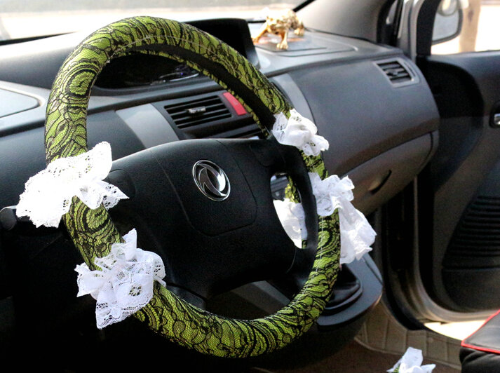 Lace Car Steering Wheel Cover Bud Silk Fiber Cloth 15 Inch 38CM - Green