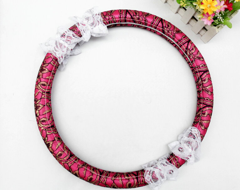 Lace Car Steering Wheel Cover Bud Silk Fiber Cloth 15 Inch 38CM - Red
