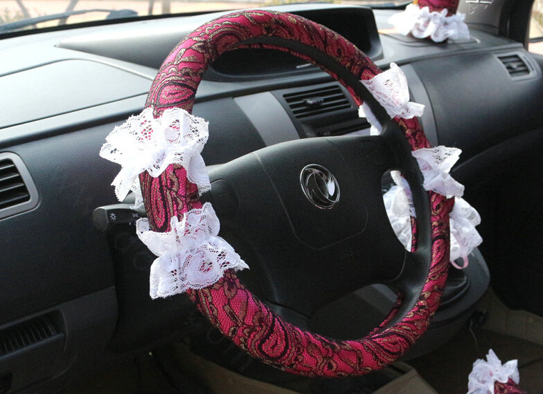Lace Car Steering Wheel Cover Bud Silk Fiber Cloth 15 Inch 38CM - Red