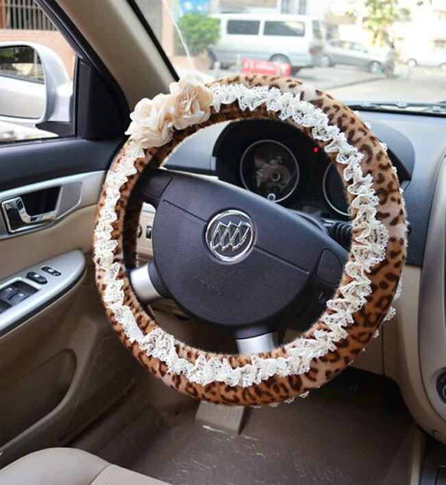 Leopard Print Camellia Lace Car Steering Wheel Cover Bud Silk Fiber Cloth 15 Inch 38CM - Coffee