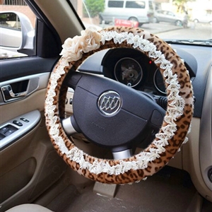Leopard Print Camellia Lace Car Steering Wheel Cover Bud Silk Fiber Cloth 15 Inch 38CM - Coffee