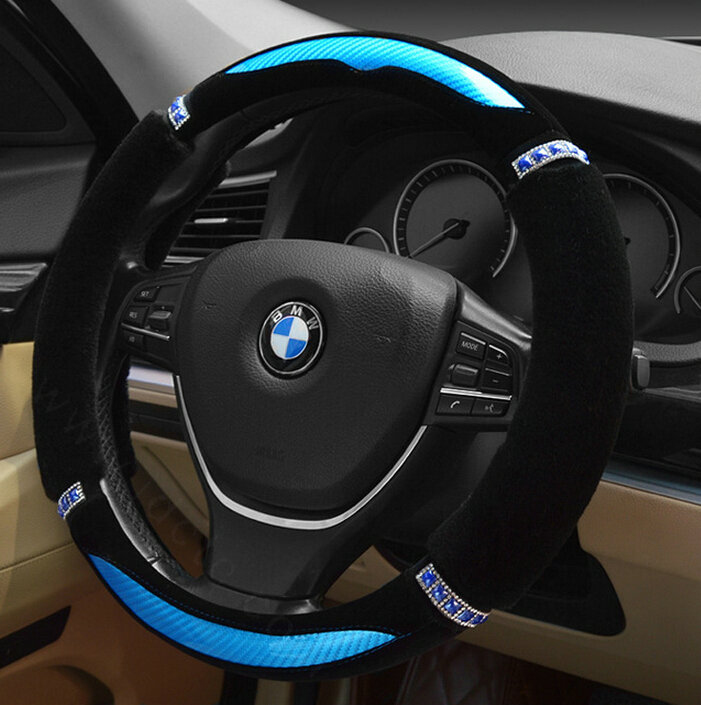 Luxury Diamond Carbon Fiber Skin Car Steering Wheel Wrap Velvet 15 Inch 38CM - Blue