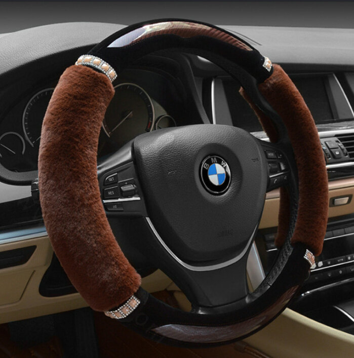 Luxury Diamond Carbon Fiber Skin Car Steering Wheel Wrap Velvet 15 Inch 38CM - Brown